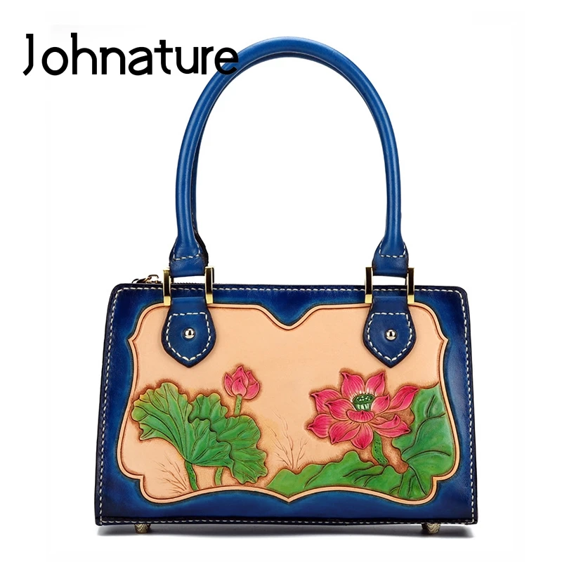 

Женские сумочки с резьбой по Лотосу Johnature, дизайнерские сумки-тоуты из натуральной воловьей кожи в национальном стиле ретро, 2021