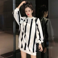 plush womens autumn and winter 2020 new korean style vertical stripes loose all match dress office lady o neck