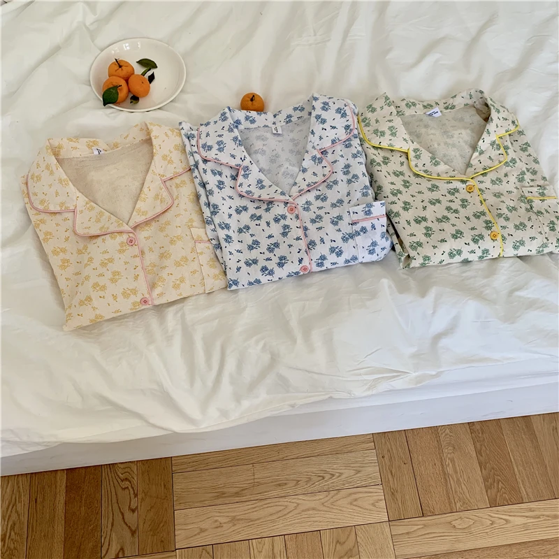 

100% cotton women pajamas set long sleeve shirts pants pijamas casual loose home suit floral print sleepwear 2 piece set Y308