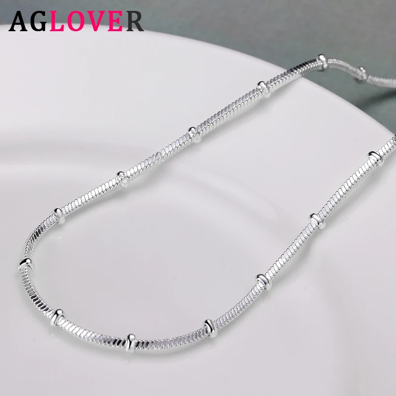 

AGLOVER 925 Sterling Silver 18 Inch Snake Chain Beaded Necklace For Woman Men Fashion Charm Jewelry Party Birthday Gift