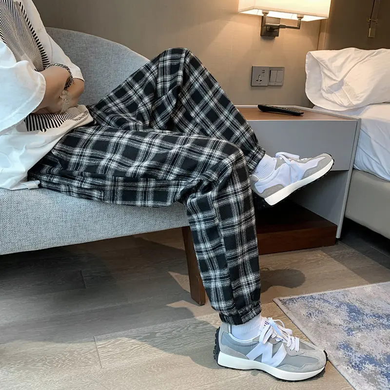 

Men Black Plaid Pants for Men Joggers Sweatpants Checked Trousers Home Pants Grid Casual Autumn Korean Harajuku Streetwear