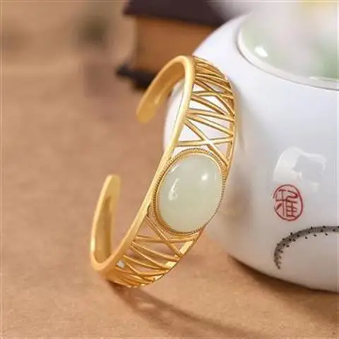 

Original S925 Sterling Silver Gilding Natural Hetian Jade Vintage Antique Cheongsam Match Temperament Open Women's Bracelet Brac
