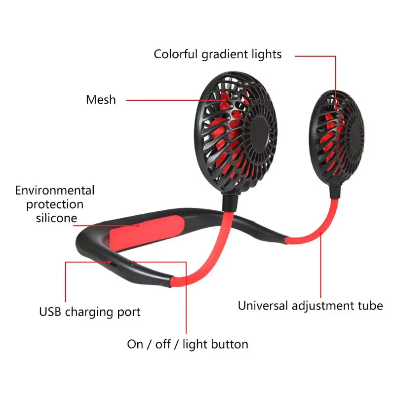

Portable Hand Free Hanging Neck Fan USB Charging Cooling Fan 4 Speed Adjustable with Colorful Gradient Light for Outdoor Sports