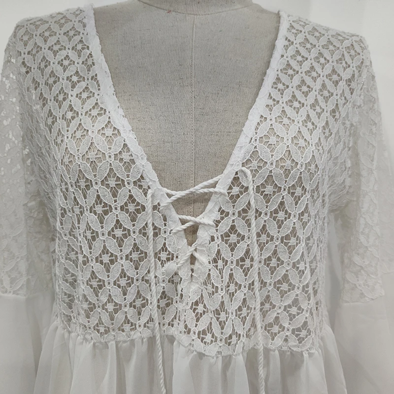 Платье женское кружевное с длинным рукавом V-образным вырезом кисточками в стиле