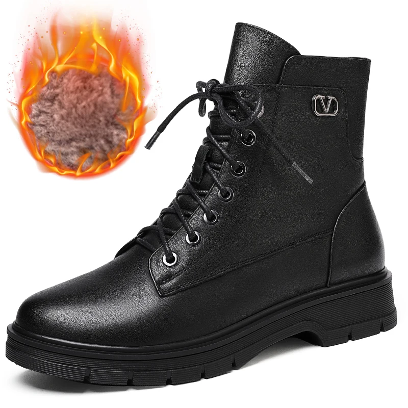 

Autumn Winter Ankle Women Boot Shoe Genuine Leather Warm Wool Short Plush Elegant Large Size Footwear Boots Black Lace Up A74