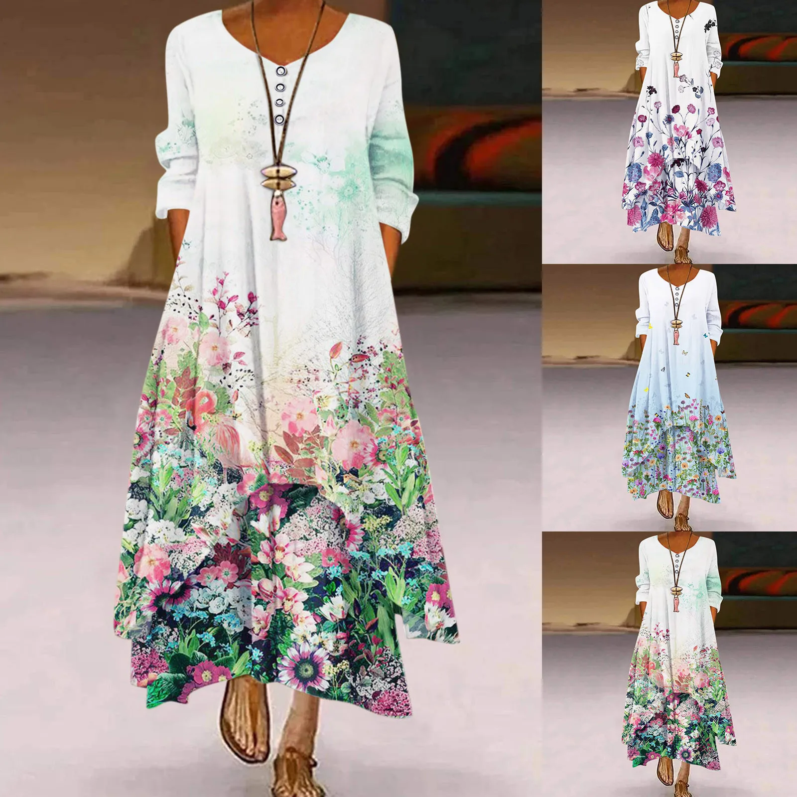 

Women Plus Size Bh Floral Printed Daily Casual Summer Maxi Long Dress Fashion Multicolor Short Sleeve Vintage V-Neck Dress A40