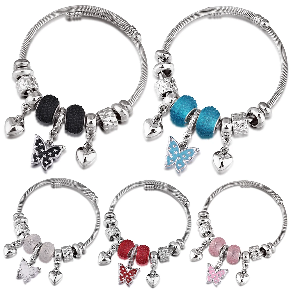 

New Painted Butterflies Beaded Bracelet Jewelry 60MM Adjustable Open Bracelet Bangles Fashion Jewelry For Charm Women Love Gift