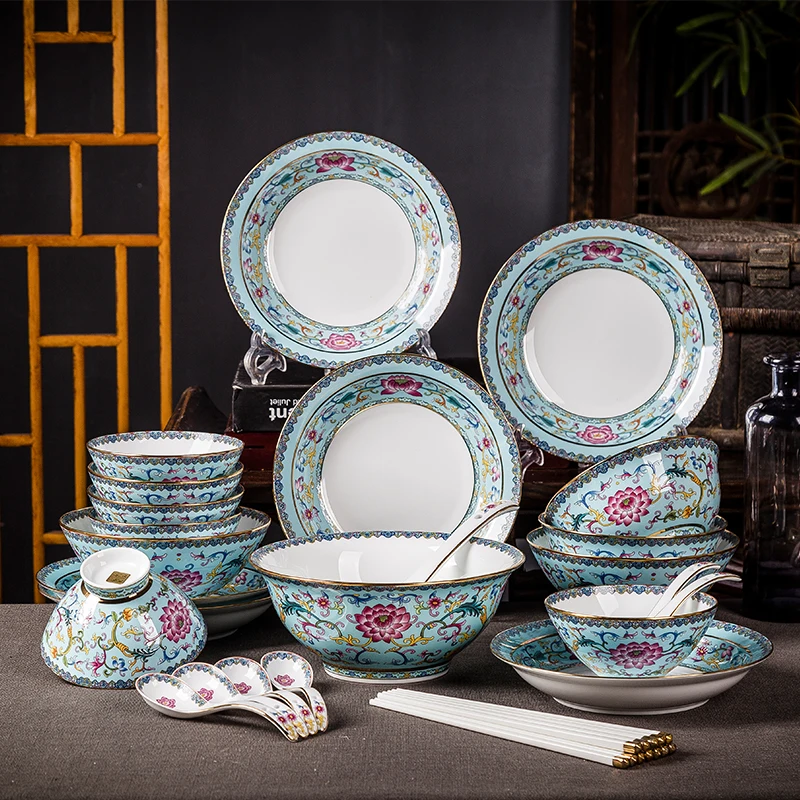 

30pcs Enamel Color Bone China Tableware Set European-style Chinese High Quality Household Bowls Dishes Set JINGDEZHEN Ceramic