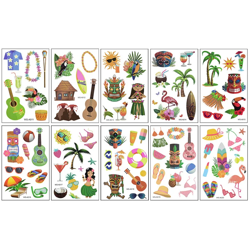 

10 Sheets Hawaiian Theme Party Stickers Temporary Tattoo Kids Birthday Party Beach Holiday Decoration Cartoon Tattoo Stickers