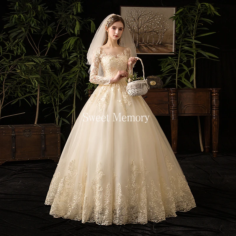 

Full Sleeve Lace Up Wedding Dresses 2021 Champagne Dress Bride Luxury Floor Length Party Vestidos De Noiva Sweet Memory