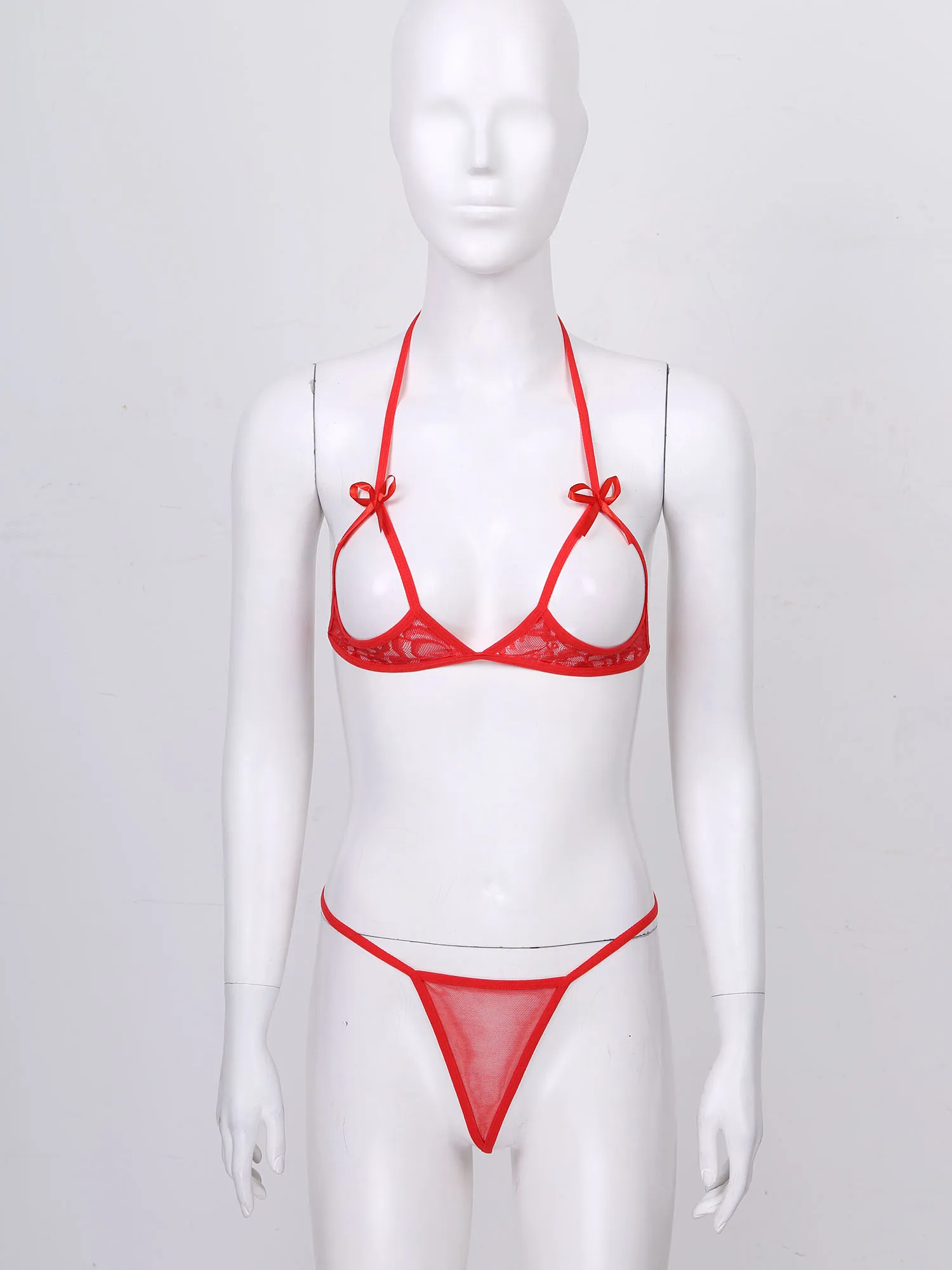 

Sexy Womens Lace Bowknot Lingerie Suit Two-Piece Bikini Set Nightwear Halter Neck Open Cup Bra with G-strings Thongs Briefs