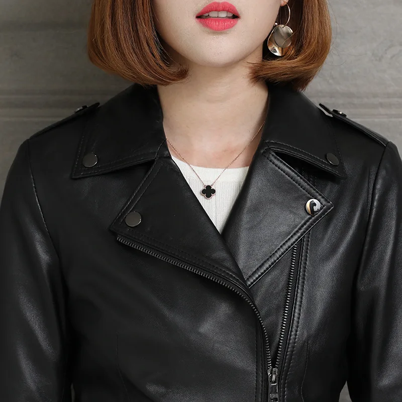 Short Black Slim Women Sheepskin Genuine Leather Coat Classic High Quality Lapel Oblique Zipper Motorcycle Streetwear Jacket