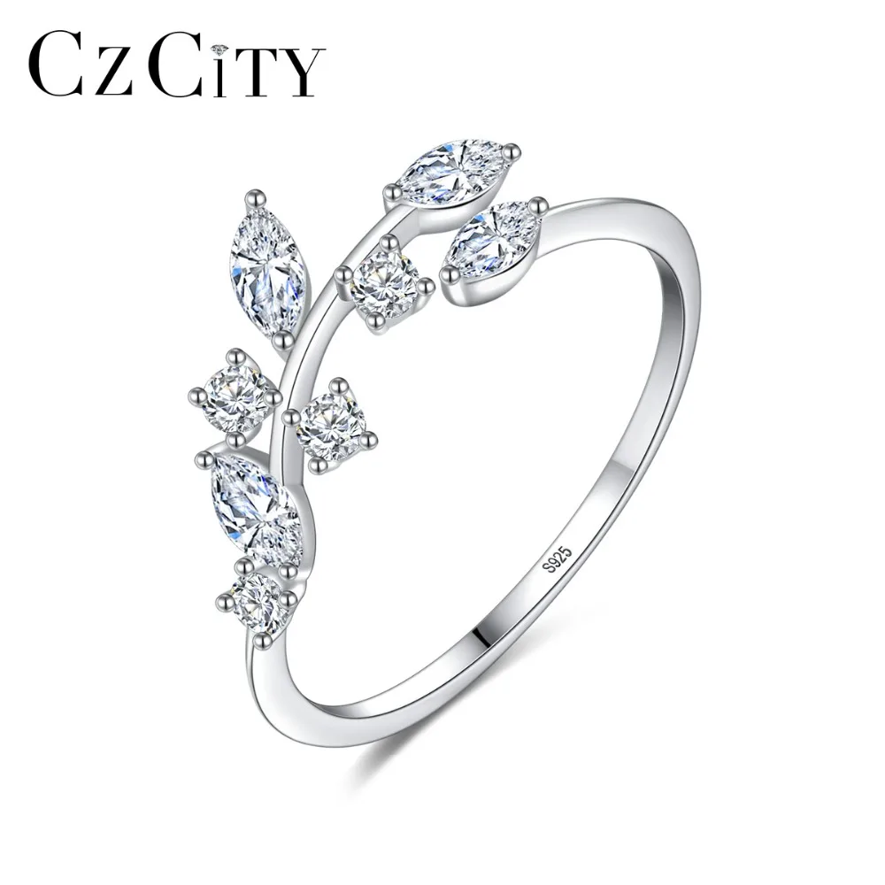 CZCITY корейские 925 пробы серебряные кольца ручной работы с листьями оливы для женщин Изысканный CZ Камень Регулируемое Открытое кольцо серебро 925 ювелирные изделия
