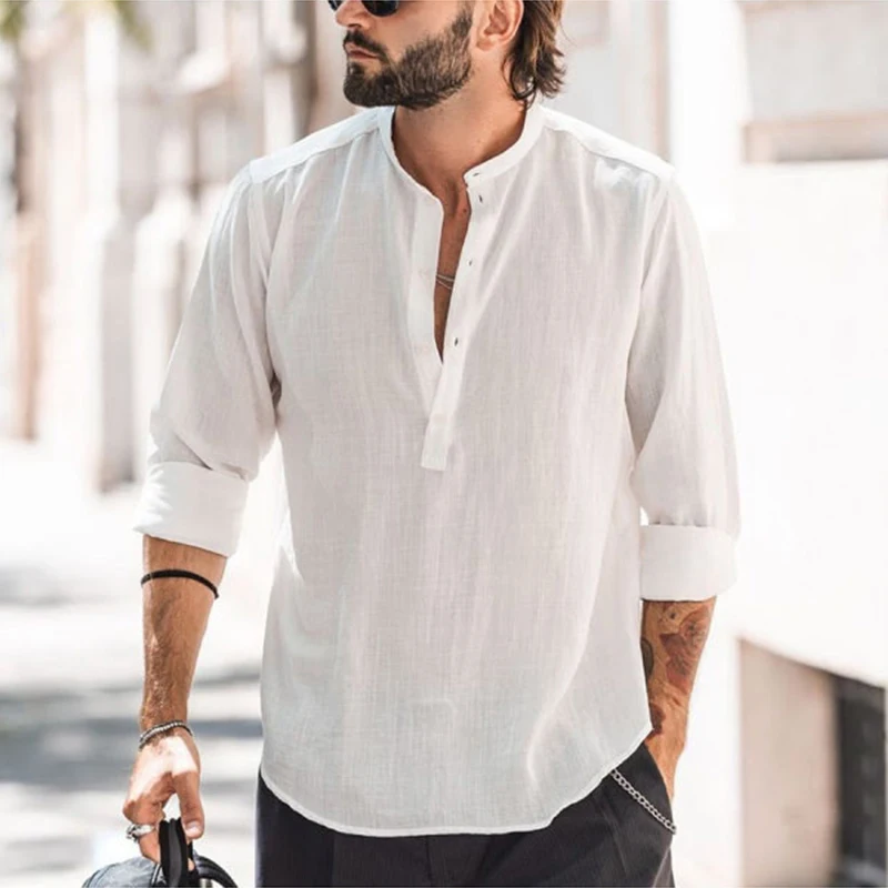 

Fall Vintage Button Stand Collar Tops Mens Casual Long Sleeve Solid Cotton Linen Blouse Men 2022 Spring Fashion Simple Pullovers