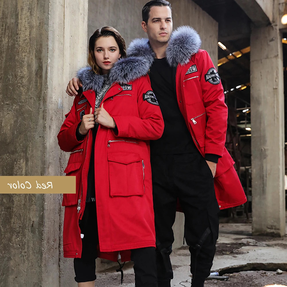 

Matching New Couple Clothing Winter Warm Parkas Real Rabbit Fur Lining Natural Fox Fur Hooded Jackets Medium long Parkas