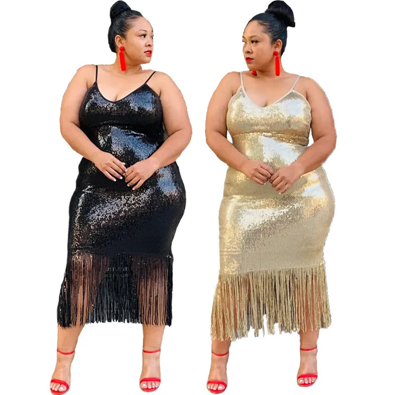 

Gold Sexy Sequins Tassel Dress Women Plus Size 5xl Sleeveless Backless Bodycon Mini Dress Partyclub