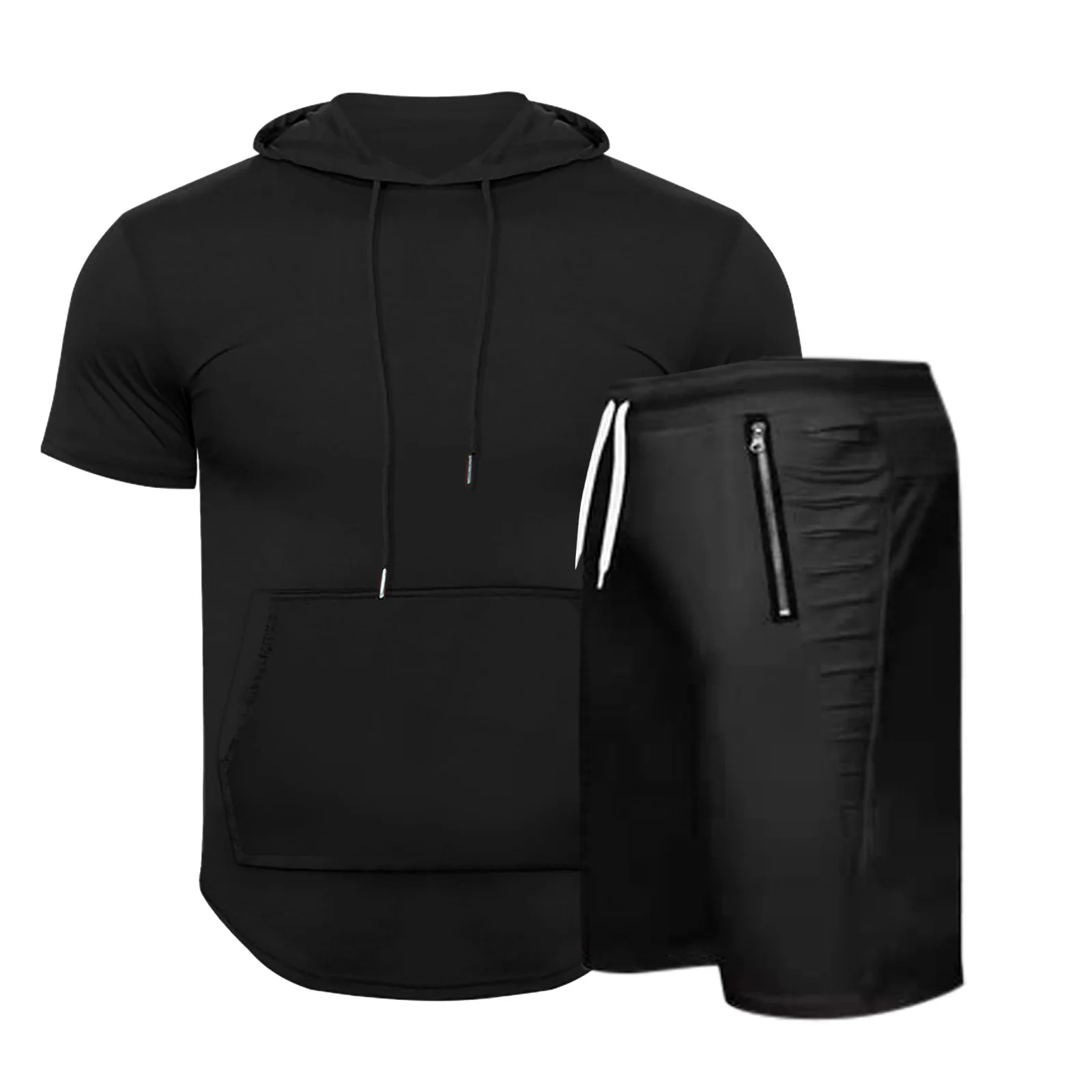 

2021 New Summer Foreign Trade New Men's Solid Color Hooded Casual Sports Short Sleeve Shorts Suit Men