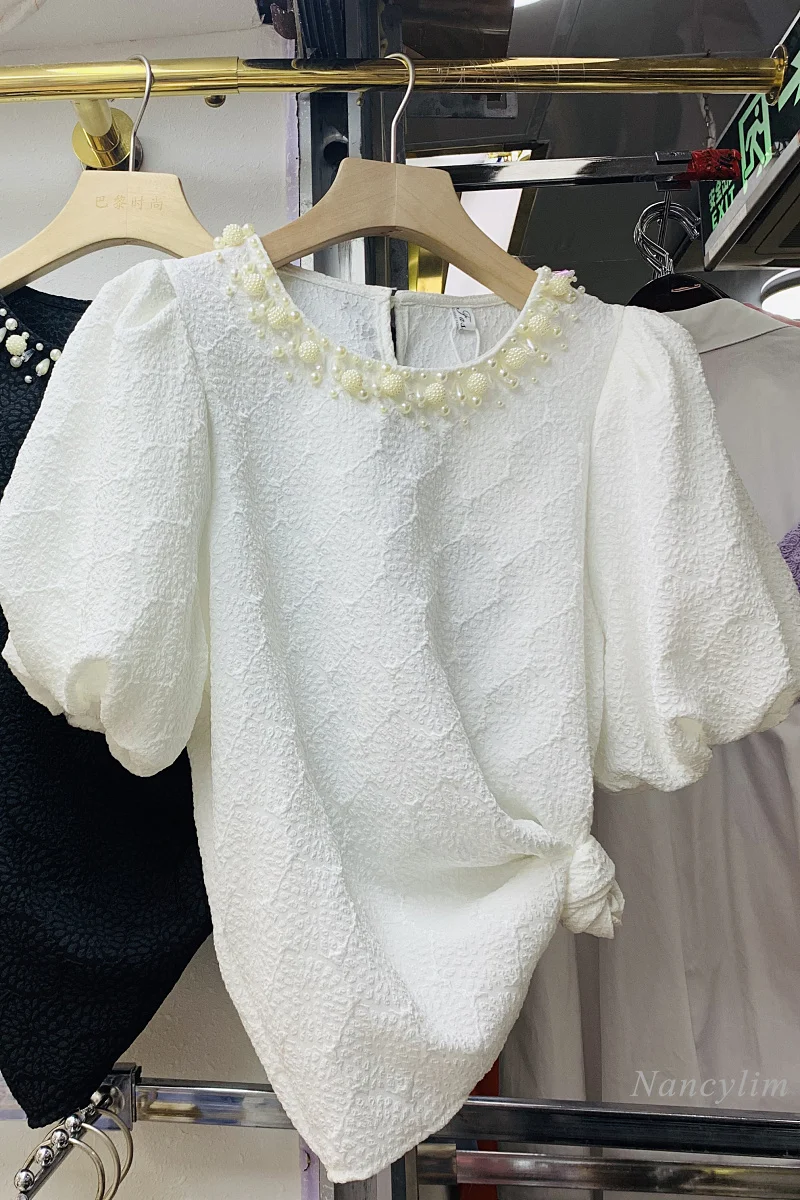 Pull À Manches courtes Chemise Femmes Mode Perle Perlée Col Rond Jacquard Haut D'été Dame Blouse Couleur uni Blusas Nancylim