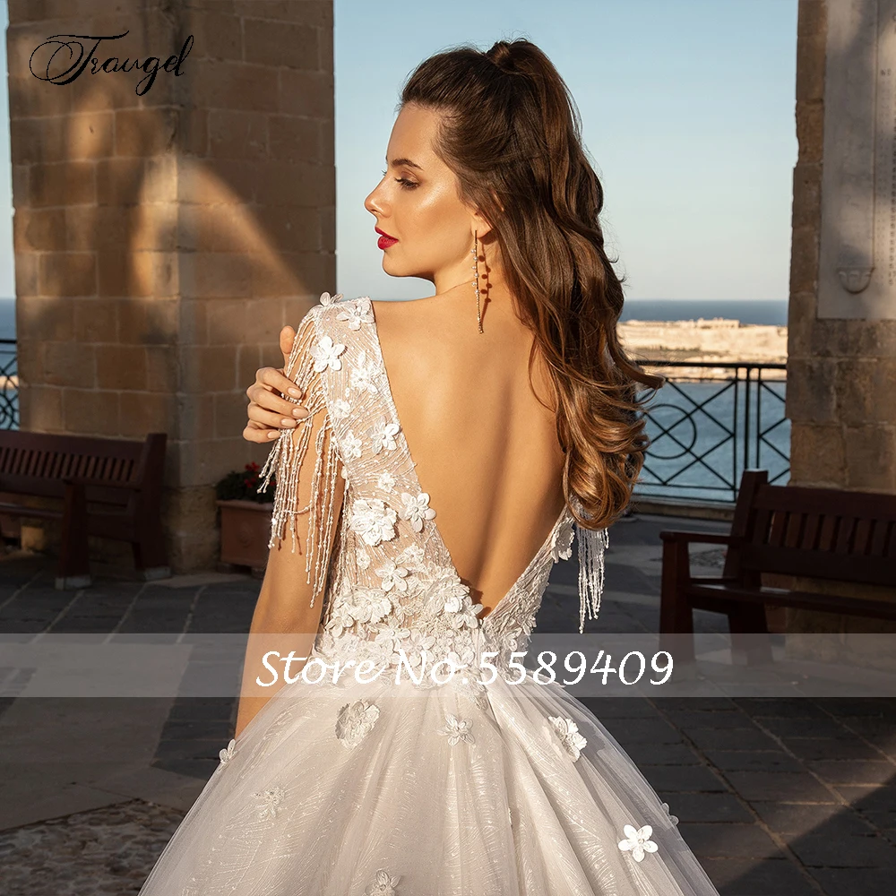 

Traugel Scoop A Line Lace Wedding Dresses Applique Tank Sleeve Backless 3D Flowers Bride Dress Court Train Bridal Gown Plus Size