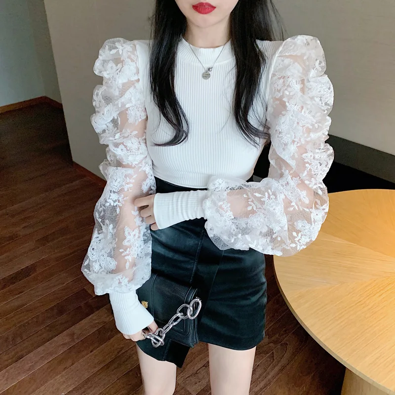 Vintage Puff Sleeve Lace Women Shirt Office Camisas Mujer Spring New Female Blouse Slim Stand Collar Woman Blouses Tops 12330 | Женская