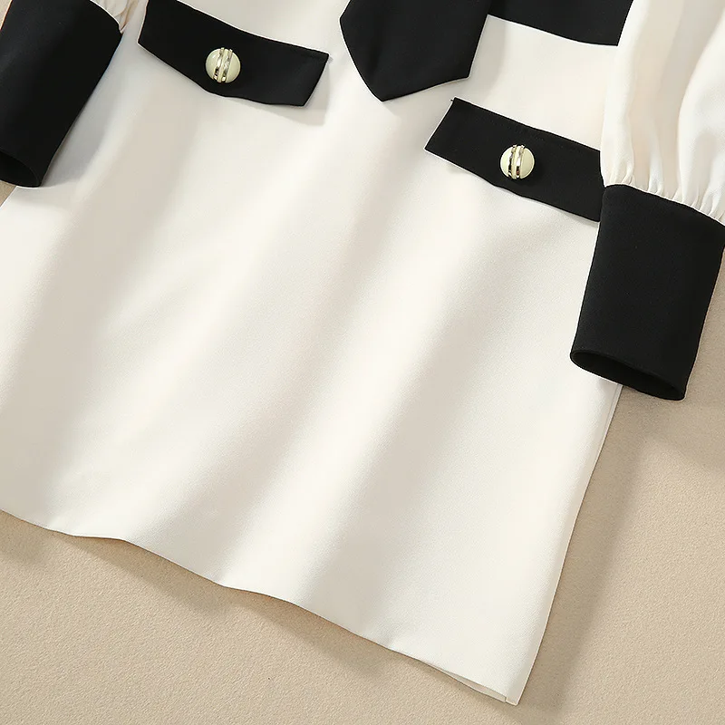 

Bow Tie Elegant Dress 2020 Spring Style Women Golden Buttons Deco Apricot Black Color Block Long Sleeve Work Dress Office Lady