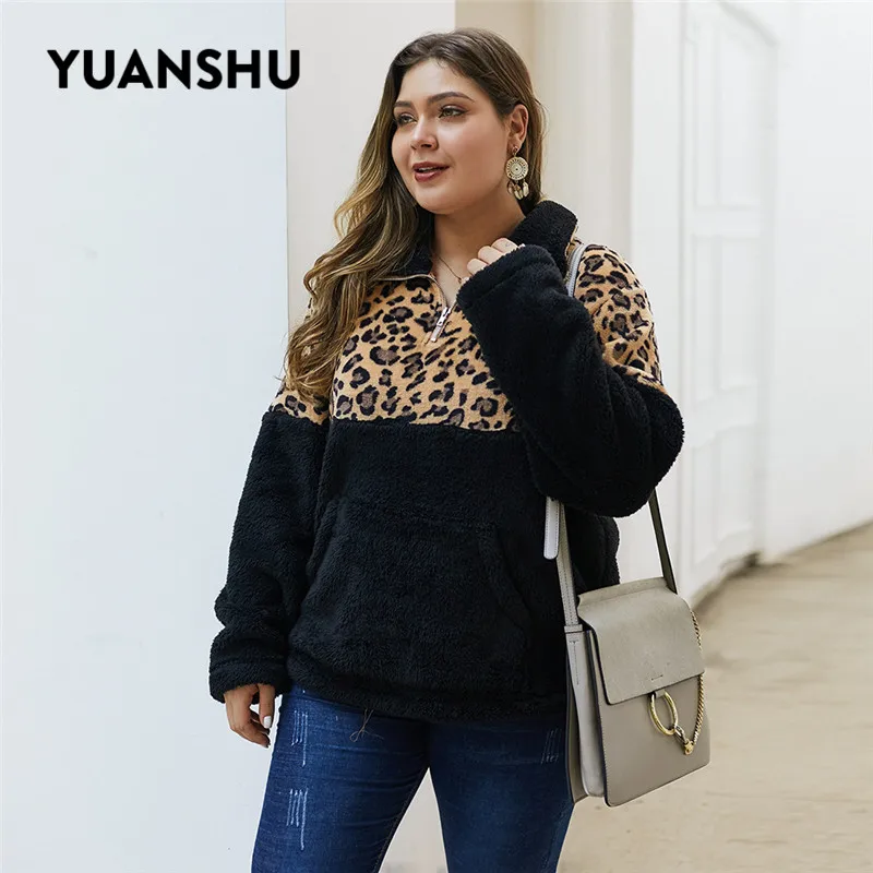 YUANSHU с леопардовым принтом размера плюс зимнее женское пальто на молнии карманом