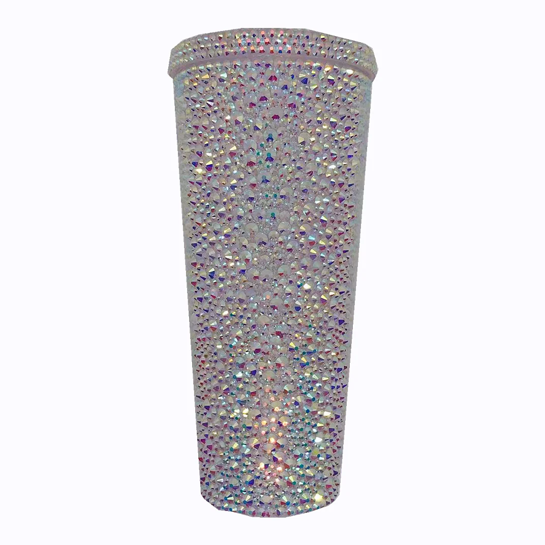 DIY Glass Rhinestone Mixed Size Transparent AB Custom Cup with Straw for Cold Beverage, Handwork Customized 24 Or 20 OZ