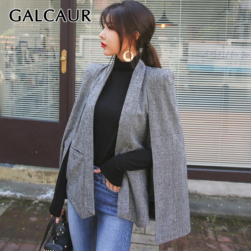 GALCAUR Patchwork Plaid Women's Coat Cloak Korean Female Coats Autumn Plus Size Fashion New Clothing 2020 Ladies OL Style | Женская