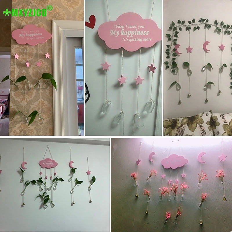 Wall-mounted Glass Vase Wooden Moon Stars Pendant Transparent Flower Arrangement Container Girl Room Decorations | Дом и сад