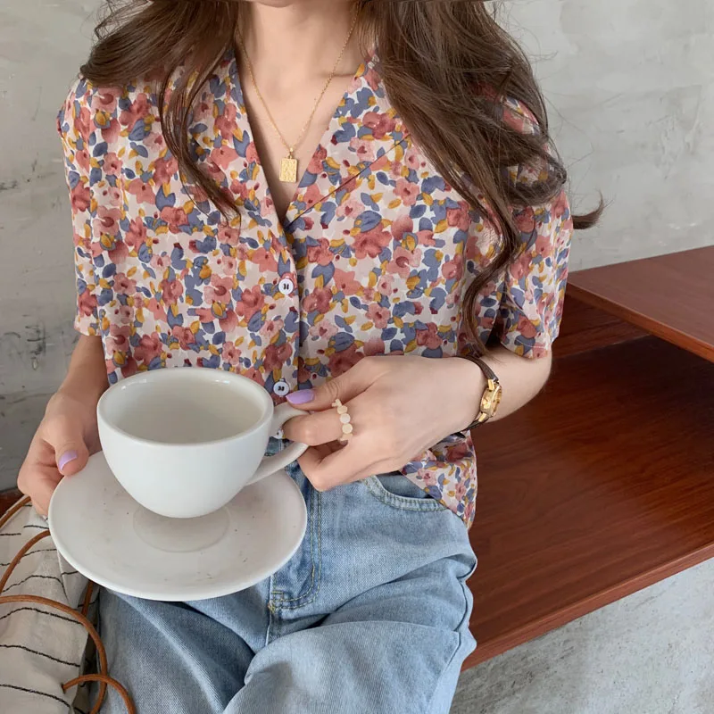 Женская шифоновая блузка Sungtin Тонкая с цветочным принтом винтажный шифоновый топ