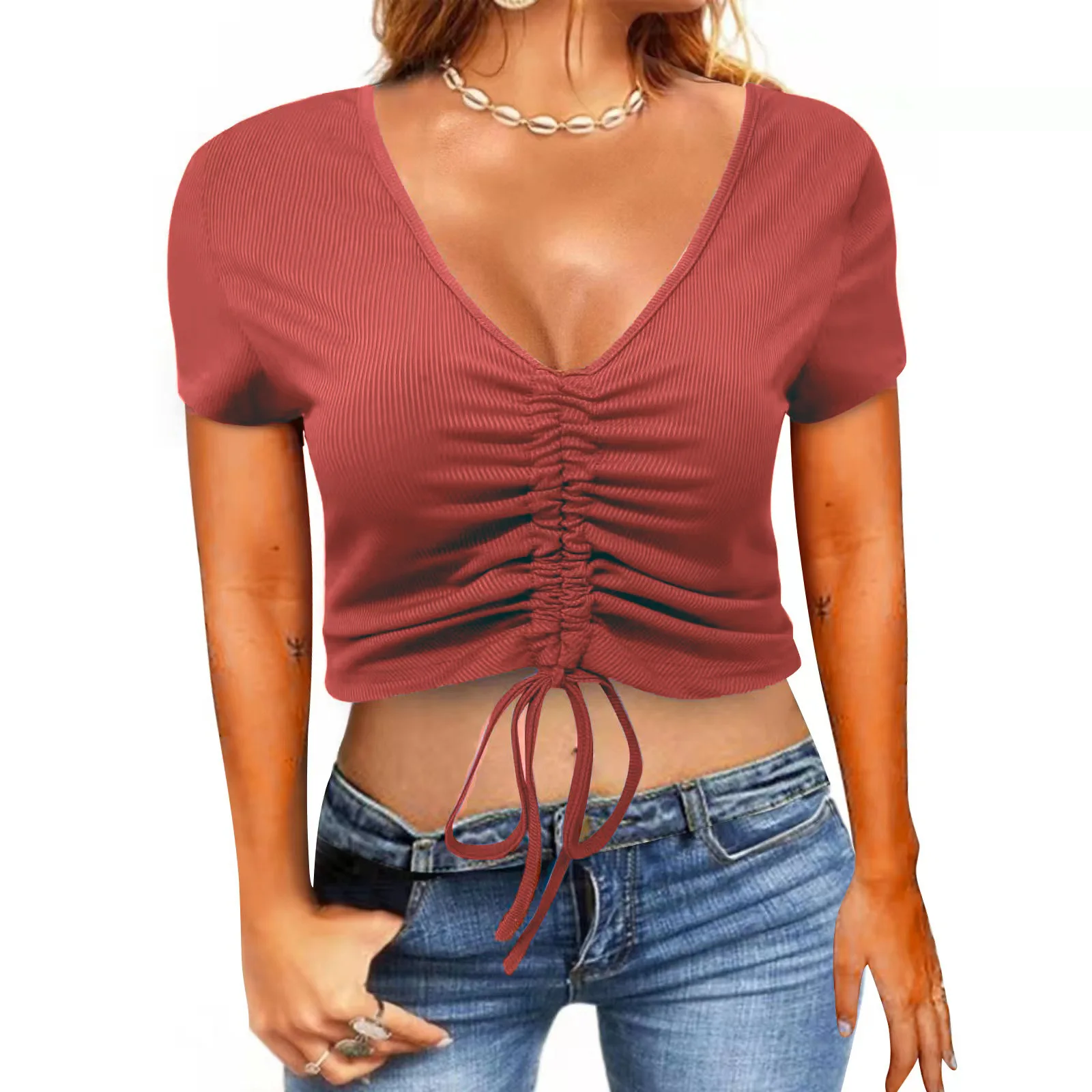 

Summer Ladies Solid Slim Basic T-shirts Short Sleeve V Neck Ruched Drawstring Ribbed Crop Top Women Club Fashion Stylish Tops