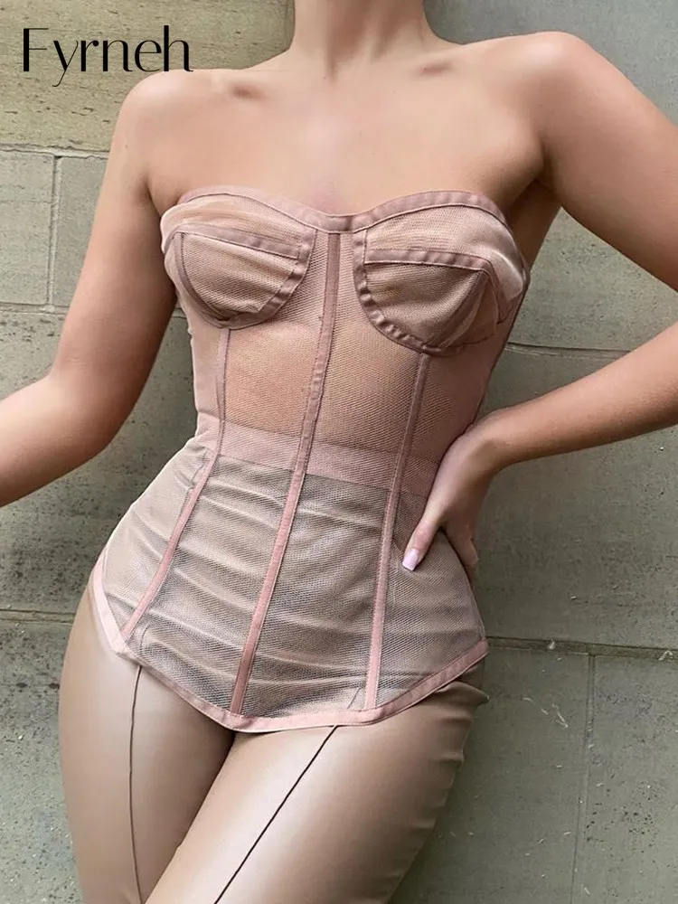 

Fyrneh New Sexy Slim Strapless Corset Tops Crop Blouse Vacation Party Outfits Elegant Underwired Padded Lace Tops Sleeveless Y2K