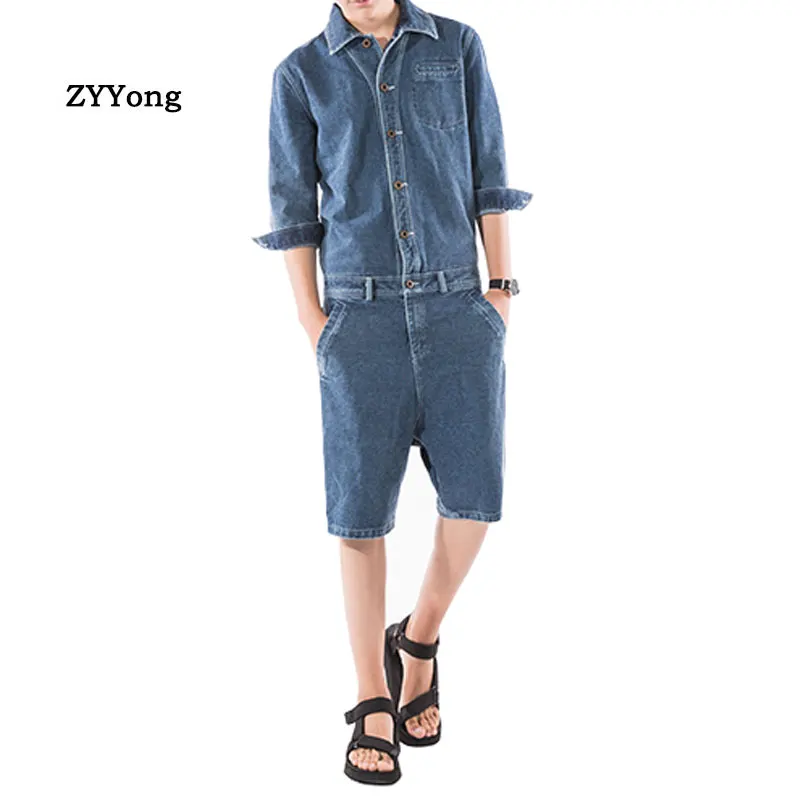 Summer Fashion Man Jeans Shorts Bib Overalls Streetwear Lapel Letter Denim Jumpsuits Trousers Leisure Brown Blue Freight Pants | Мужская