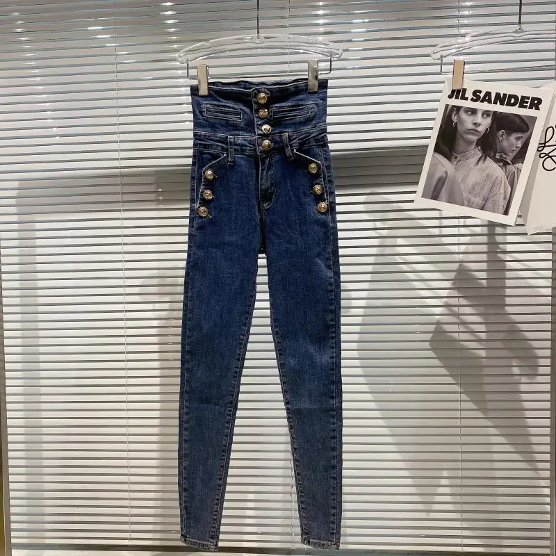 

2021 Early Spring New Retro Metal Buckle High Waist Stretch Slim-Fit Pencil Jeans Women Dark Blue Denim Pants