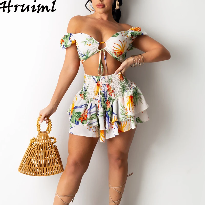 

Женский пикантный комплект из 2 предметов, топ-труба, белая мини-юбка с цветочным принтом, комплекты одежды с эластичным поясом, оборками и о...