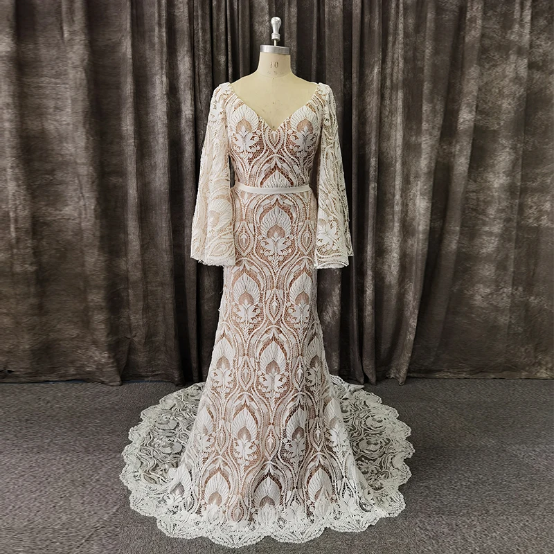 

Real Picture Elegant Long Sleeve Overskirt Applique BacklessLace Wedding Dress Bridal Gowns