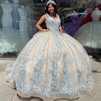 v neck sky blue quinceanera dresses ball gown baby blue off shoulder 3d flowers puffy sweet 16 dress buttfly graduation party