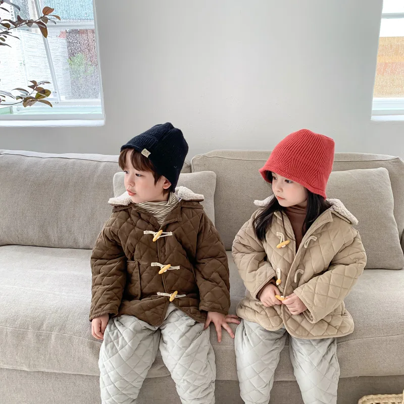 

Spring Winter Girl Boys Coat Jackets Warm Fur Thicken Horn Button Clothing Kids Teenage Toddler Tops Cotton Home High Quality