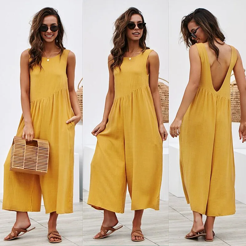 

Summer New Women Solid Color Sleeveles Loose Casua Linen Cotton Jumpsuit S Backless Playsuit Trousers Overalls for Women