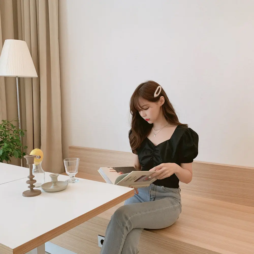 

Summer Chiffon Blouse Women French Style Elegant Retro Crop Tops Casual Puff Sleeve Short Slim Fit Korean Blouse Women 2021 New