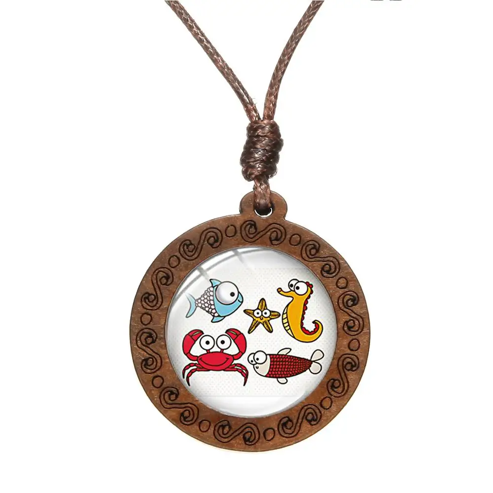 Simple Modern Sea Horse Dolphin Comic Style Necklace Hand Craft Glass Photo Dome Wooden Pendant Choker Xmas Gift for Kids | Украшения и