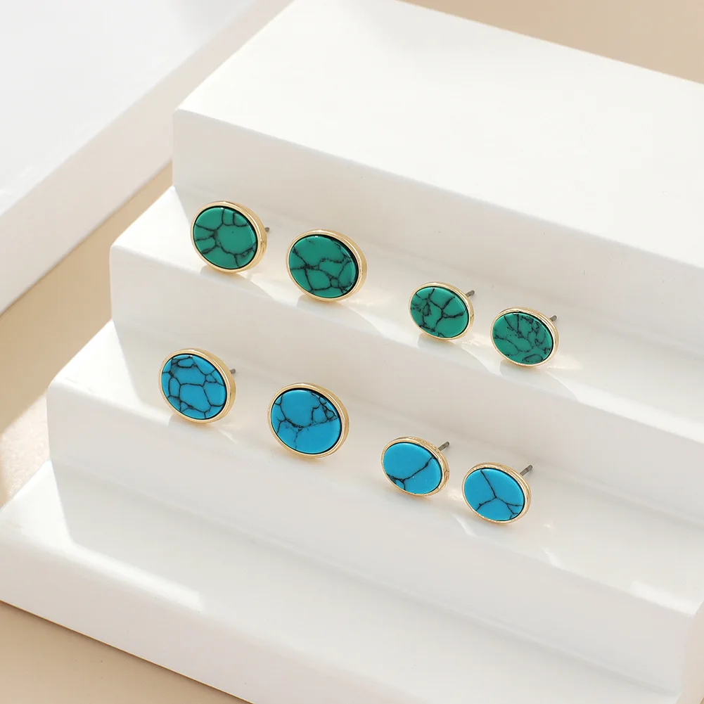 

Natural Stone Round Stud Earrings Blue Green Turquoise Beaded Earrings Simple Fashion Ear Jewelry for Women d'oreille Brincos