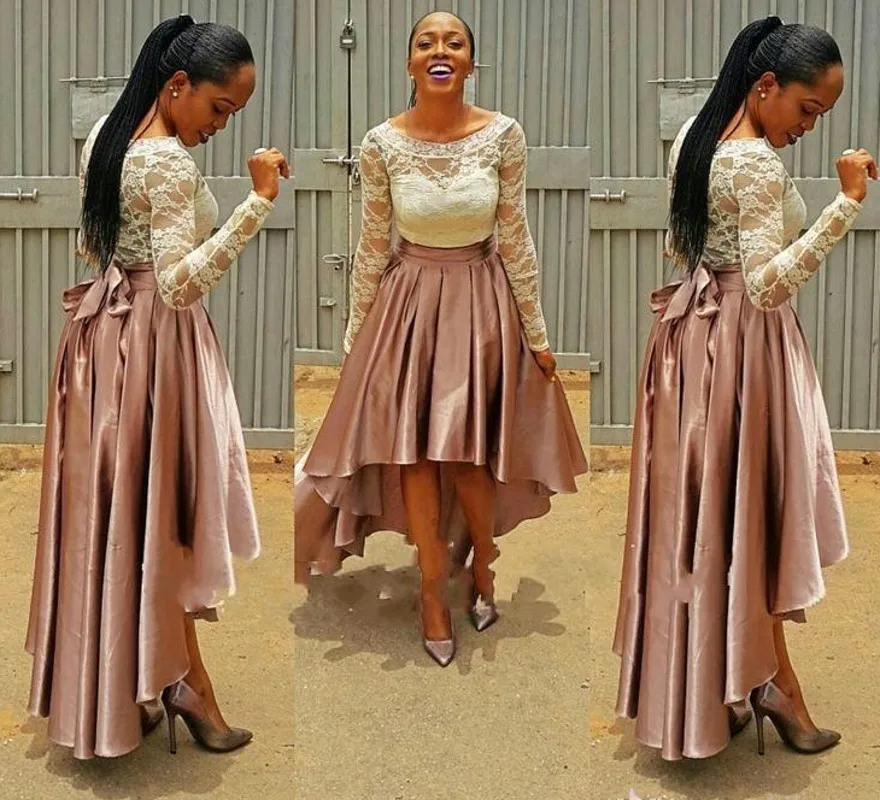 

2021 High Low Pink Bella Naija Bridesmaid Dresses Lace Top Wedding Guest Party Gowns Long Sleeve Plus Size Evening Wear Vestidos