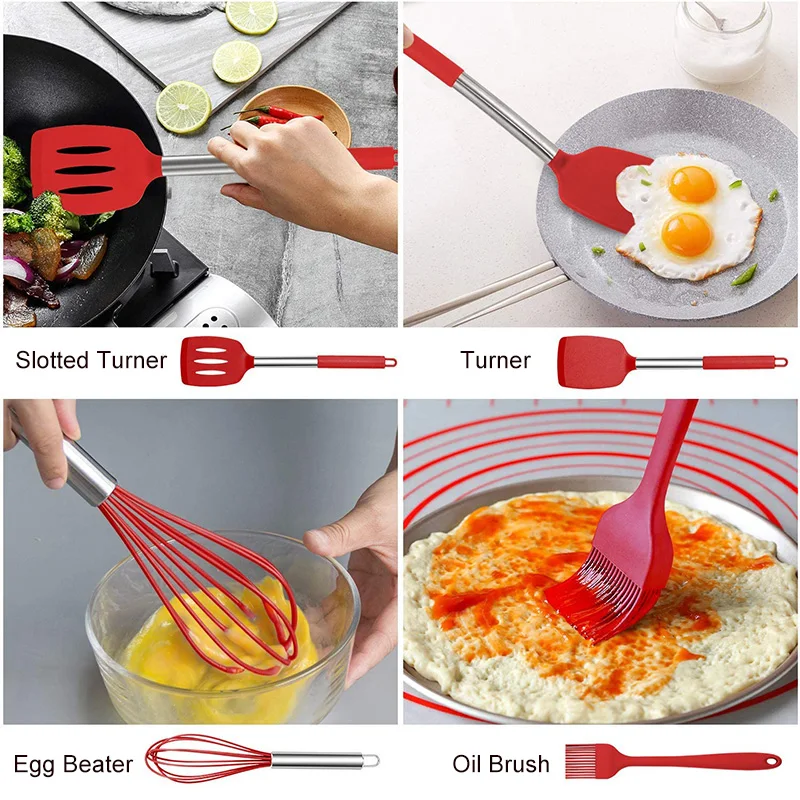14pcs stainless steelsilicone turner soup spoon strainer pasta server scraper egg beater cooking utensils set kitchen gadgets free global shipping