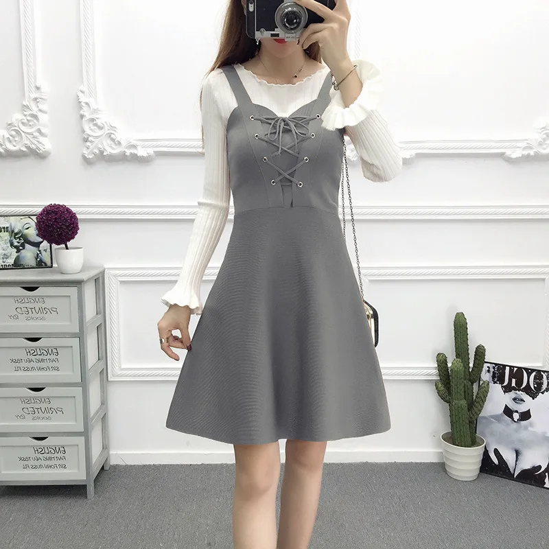 Vest skirt Gray Свободный свитер-Платье Повседневный весенне-осенний корейский длинный вязаный пуловер жилет v-образный вырез женский джемпер без рукавов Vestidos - Цвет: Vest skirt Gray
