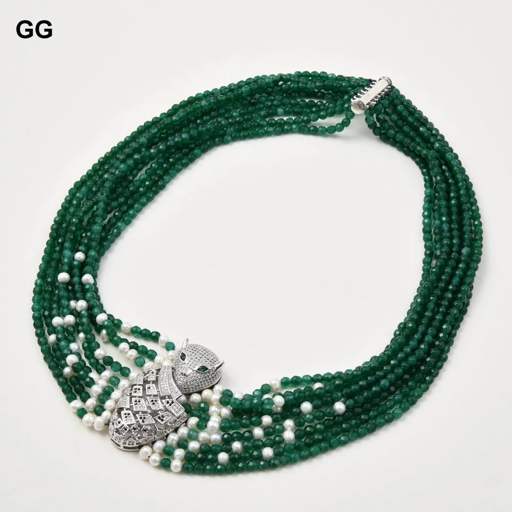 Ожерелье с зелёным агатом и белым жемчугом 18 дюймов 9 нитей|pearl necklace|white pearl