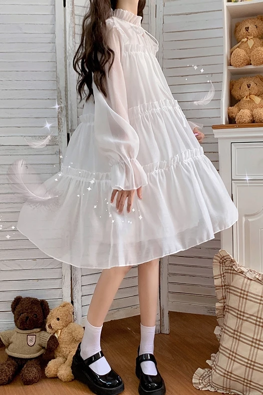 

Moko Japanese Style Sweet lolita dress Bell Sleeve Princess Dress Women's Autumn and Winter Loose All-Match Mid-Length Dress