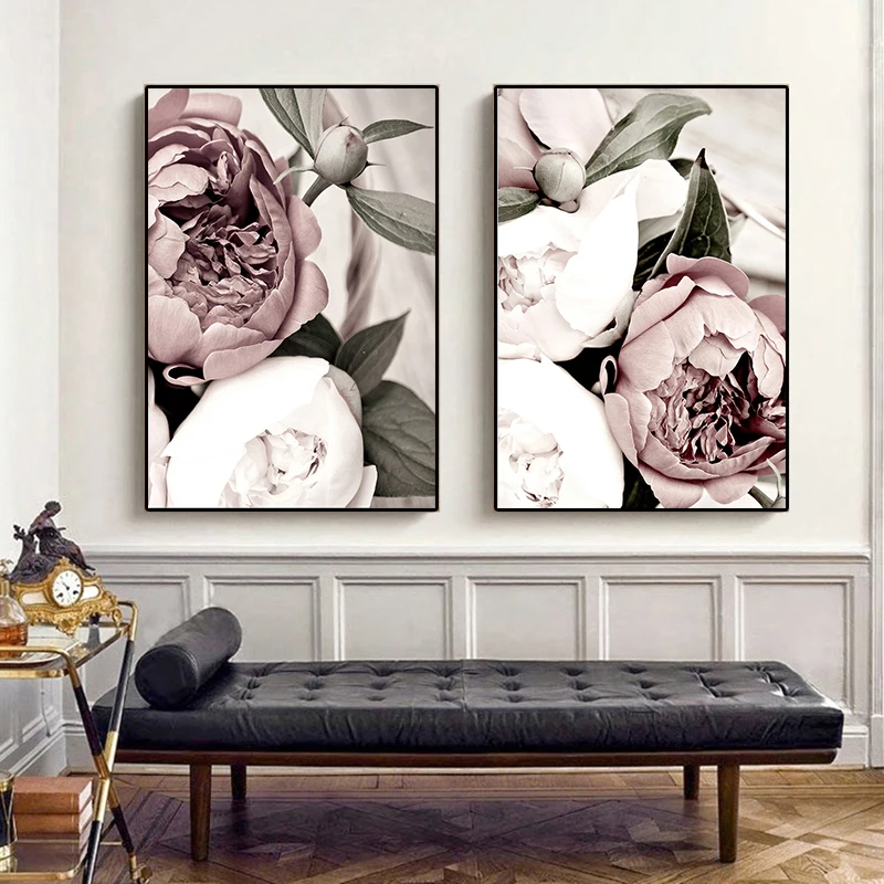 

Nordic Botanical Scandinavian Pink White Flower Leaf Plant Poster Print Canvas Painting Wall Art Picture For home interior Decor