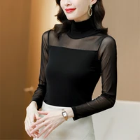 korean fashion mesh tank top women office lady tank tops long sleeve turtleneck plus size xxxl shirt black clothing for women