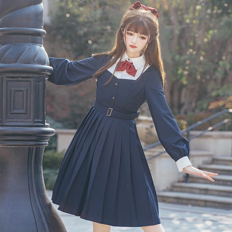

A0065Long sleeve Japanese JK orthodox Basic Style TR lovely cute Cyanosis Top students Pleated skirt uniform dress